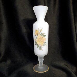 Vintage Norleans Frosted Glass Vase Yellow Rose Design & Twisted Stem Italy